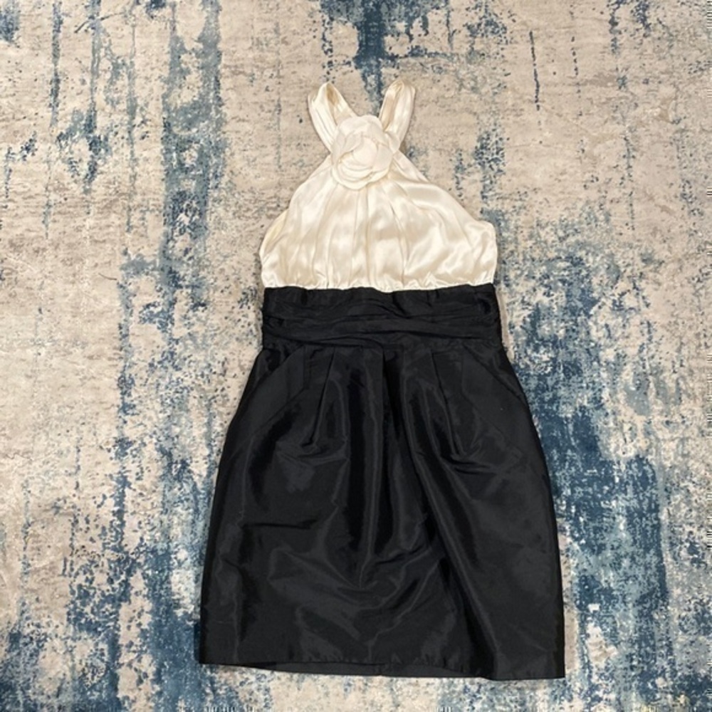 Alexia Admor Black and White Silk Halter Rosette Mini Dress